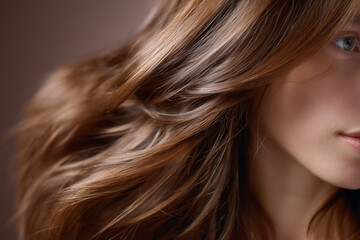 Naklejka premium Close-up of a young woman with flowing brown hair and smooth skin against a soft brown background