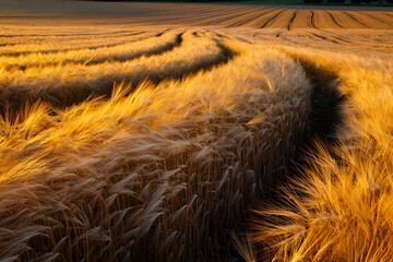 Golden wheat field illuminated by warm sunlight with tractor tire tracks creating patterns in the crops
