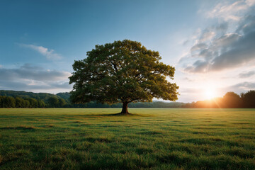 Majestic solitary tree standing in a vast green meadow under a vibrant sunset sky