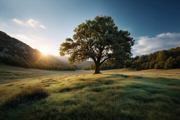 Majestic solitary tree in a vast green meadow illuminated by golden sunset light with mountains and forest background