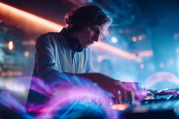 Focused young DJ mixing music live in a vibrant nightclub with colorful neon lights and dynamic atmosphere