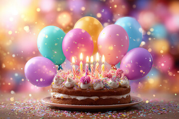Colorful Birthday Cake with Lit Candles and Balloons Celebrating a Festive Party Atmosphere