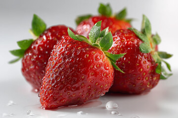 Fresh ripe strawberries with water droplets close-up, showcasing vibrant red color and green leaves on a clean white background