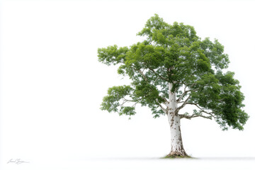 Majestic white-barked tree with lush green leaves isolated on a bright white background