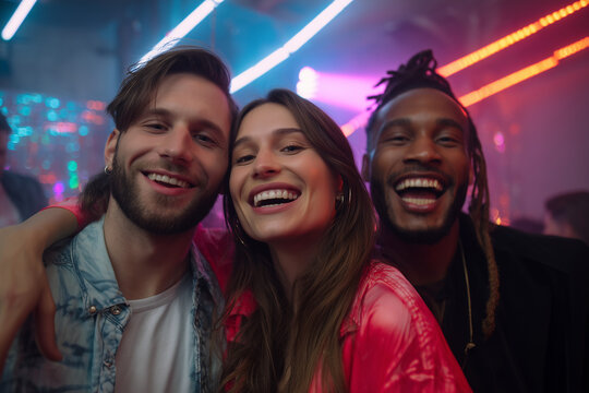 Happy young friends enjoying a lively night out together with vibrant neon lights in the background