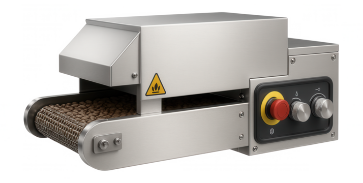 Batch seed roaster with a conveyor belt and adjustable heat settings for a seed processing facility