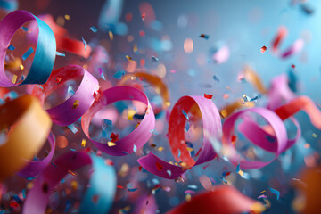 Colorful party streamers and confetti flying in the air creating a festive and joyful celebration atmosphere