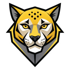 Striking yellow cheetah head stares forward with an intense gaze and distinctive geometric features