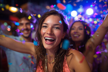 Joyful young woman celebrating with friends at a vibrant party with colorful confetti and bright lights