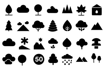 Collection of Nature Icons Trees, Mountains, Clouds, and Weather Symbols