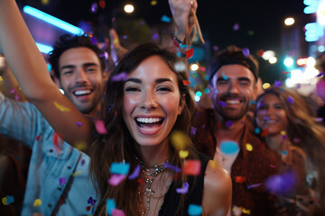 Happy young friends celebrating with colorful confetti at a lively night party in the city