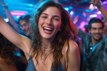 Joyful young woman dancing and smiling at a vibrant nightclub party with colorful lights and happy crowd