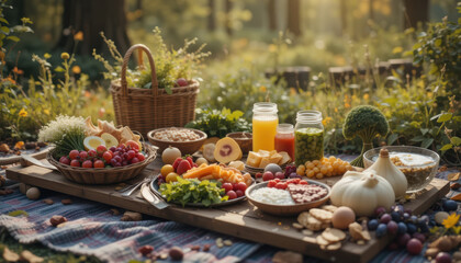 Vibrant picnic spread features slow food with organic fruits and vegetables showcasing movement