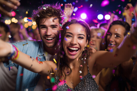 Happy young people celebrating and taking selfies at a lively party with colorful confetti and vibrant lights