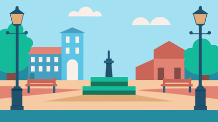 Vector illustration of a vibrant city street with diverse buildings, houses, and an urban landscape under a clear sky