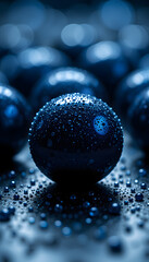 Dark Blue Spheres with Water Droplets: Abstract Macro Photography, Moody, Luxurious Texture
