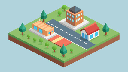 Isometric vector illustration of an urban city with residential buildings, business factories, and tree-lined streets