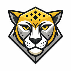 Stylized cheetah head inside a diamond shape has yellow and gray coloring with spots © SWORNALY
