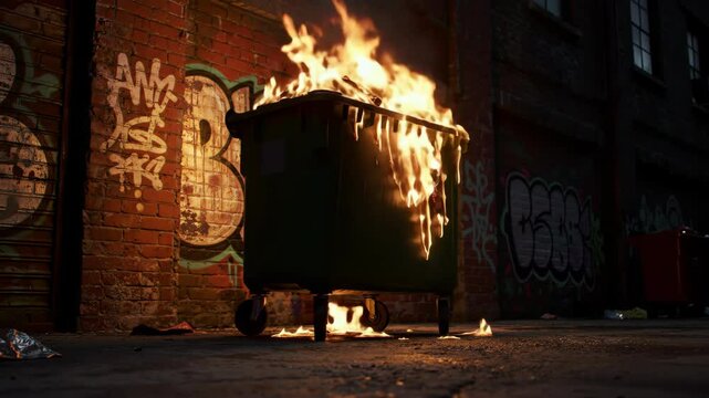 Dumpster engulfed in flames on an urban street with graffiti wall
