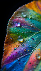 Vibrant Rainbow Leaf with Dewdrops: Macro Photography, Artistic, Nature, Colorful, Fresh