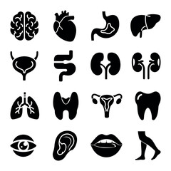 Human organ medical icons set in black flat pictogram style – brain, heart, lungs, tooth, bone, skin, nerves, internal body parts and health symbols