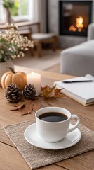 Warm coffee sits next to a pumpkin and pine cones, with a crackling fireplace creating a cozy atmosphere for fall