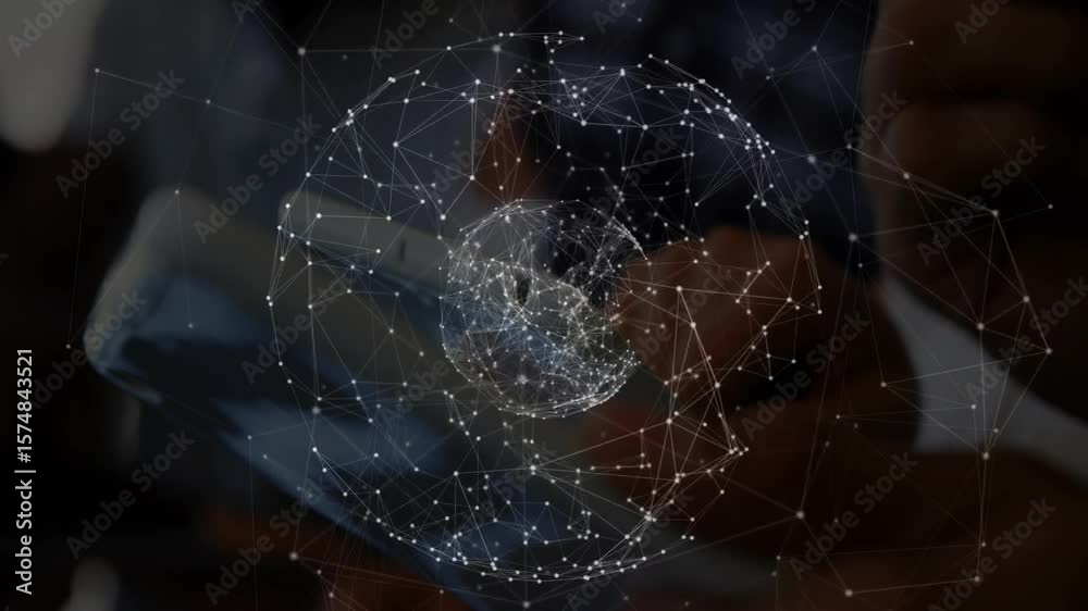 Poster 3d network globe emerging and filling nodes rotating tilting pulsing above tablet for data analysis