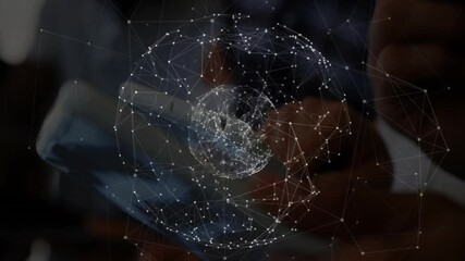 3D network globe emerging and filling nodes rotating tilting pulsing above tablet for data analysis - Powered by Adobe