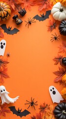 Spooky Halloween composition with autumn leaves, pumpkins, ghosts, bats, and spiders creating a festive seasonal frame on vibrant orange background