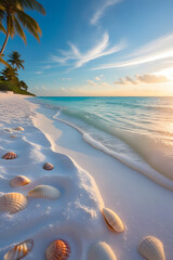 Serene tropical beach sunset: seashells on pristine white sand, turquoise ocean waves.