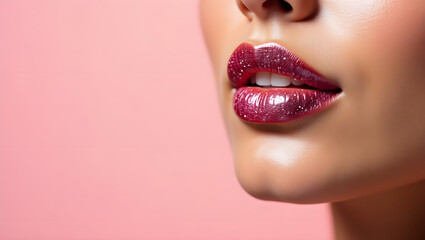 Naklejka premium close up of woman's lips, glittering red lipstick, glossy lips, pink background, highly detailed, photorealistic, 8k, cinematic lighting