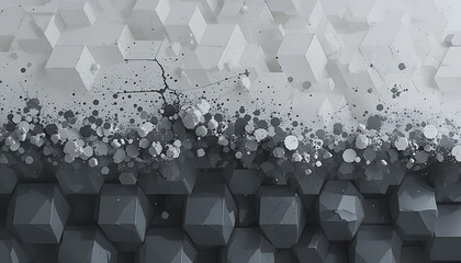 Abstract grayscale geometric texture: fractured white and dark gray 3D cubes with speckled grunge effect.