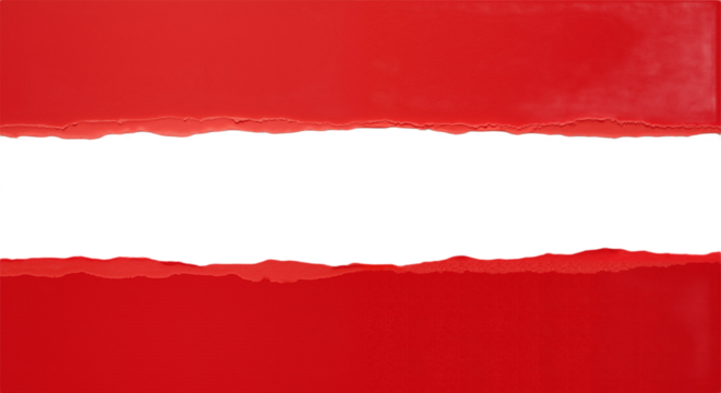 Bold Red Background with Torn Paper Strips Against White, Symbolizing Creativity, Disruption, and Conceptual Storytelling.