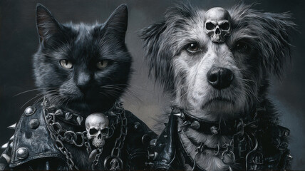 Heavy metal inspired artwork of a cat and dog posing with serious rock attitude, wearing skull rings and studded collars