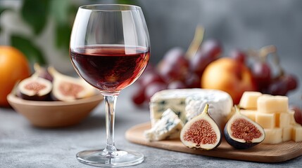 A glass of red wine pairs beautifully with an array of fresh fruits and cheese, creating an inviting gourmet setting