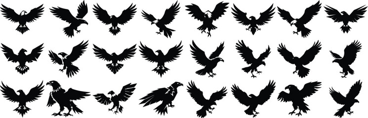 Collection of silhouetted eagles in various poses depicting freedom power and grace ready to soar against a clean white background