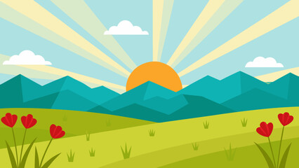 Green summer mountain landscape with trees, clouds, and blue sky