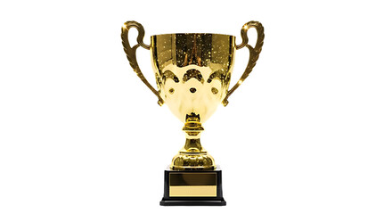 A shiny gold trophy with two handles sitting on a black base against a black background isolated shot on transparent background