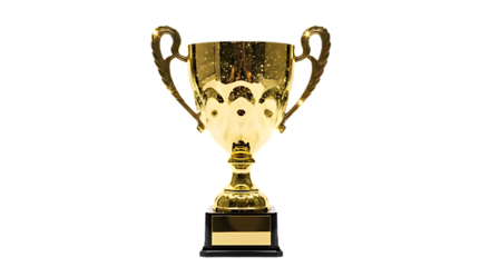 A shiny gold trophy with two handles sitting on a black base against a black background isolated shot on transparent background