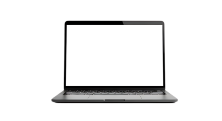 Isolated laptop with a blank white screen on a black background providing a clean and modern aesthetic on transparent background
