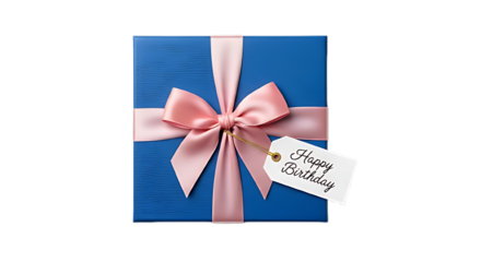 A blue gift box with a pink ribbon and a happy birthday tag on a black background in a studio shot on transparent background