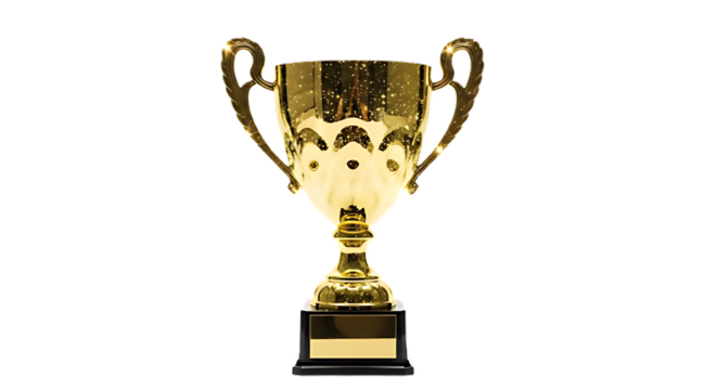 A shiny gold trophy with two handles sitting on a black base against a black background isolated shot on transparent background