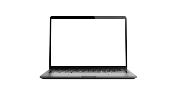 Isolated laptop with a blank white screen on a black background providing a clean and modern aesthetic on transparent background