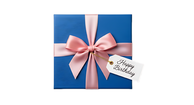 A blue gift box with a pink ribbon and a happy birthday tag on a black background in a studio shot on transparent background - Powered by Adobe