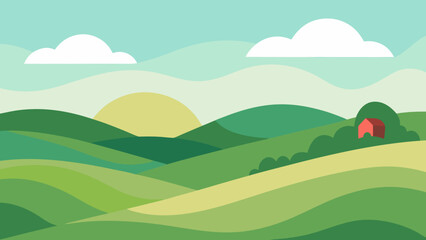 Obraz premium Vector cartoon illustration of summer mountain landscape with green hills, fields, and a blue sky with clouds
