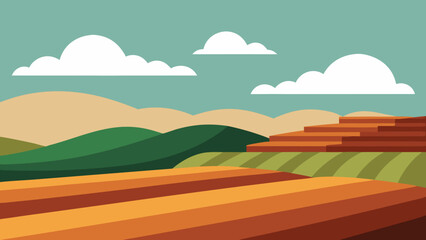 Obraz premium Vector illustration of a vibrant summer rural landscape with green fields, blue sky, and rolling hills