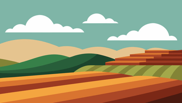 Vector illustration of a vibrant summer rural landscape with green fields, blue sky, and rolling hills