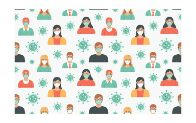 Flat Illustration: People in Masks and COVID-19 Virus Cells in a Seamless Pattern