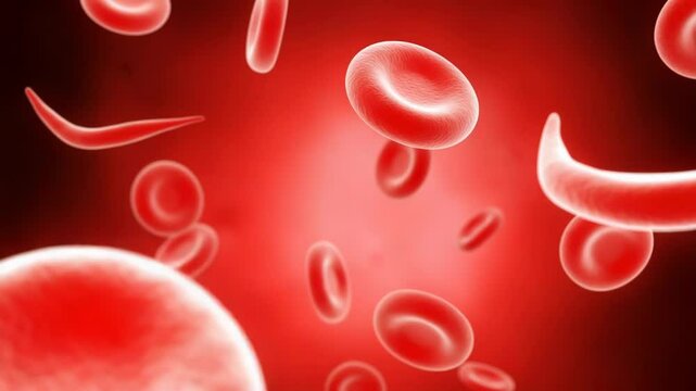A 3D rendering shows normal and sickleshaped red blood cells against a red gradient background