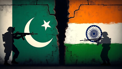 India and Pakistan Soldiers Face Off Over Cracked Wall with National Flags – Symbol of Conflict and Tension – AI-Generated